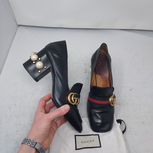 GUCCI BLACK GG PEYTON PEARL LEATHER HEEL SHOE - Picture 1 of 12